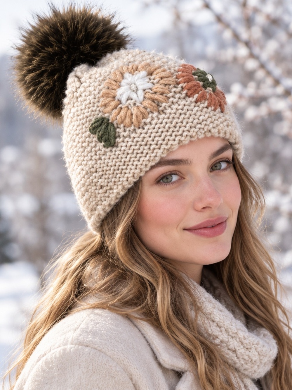 Gelso Bianco Women's Cream Alpaca Knit Pom Beanie with Floral Embroidery